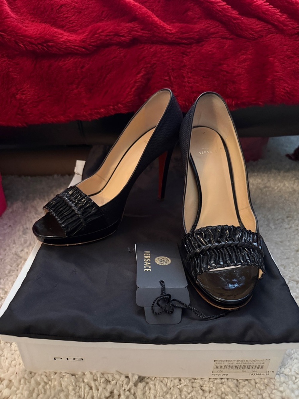 Versace Nero Black  Leather Peep-Toe Ruffled Heels